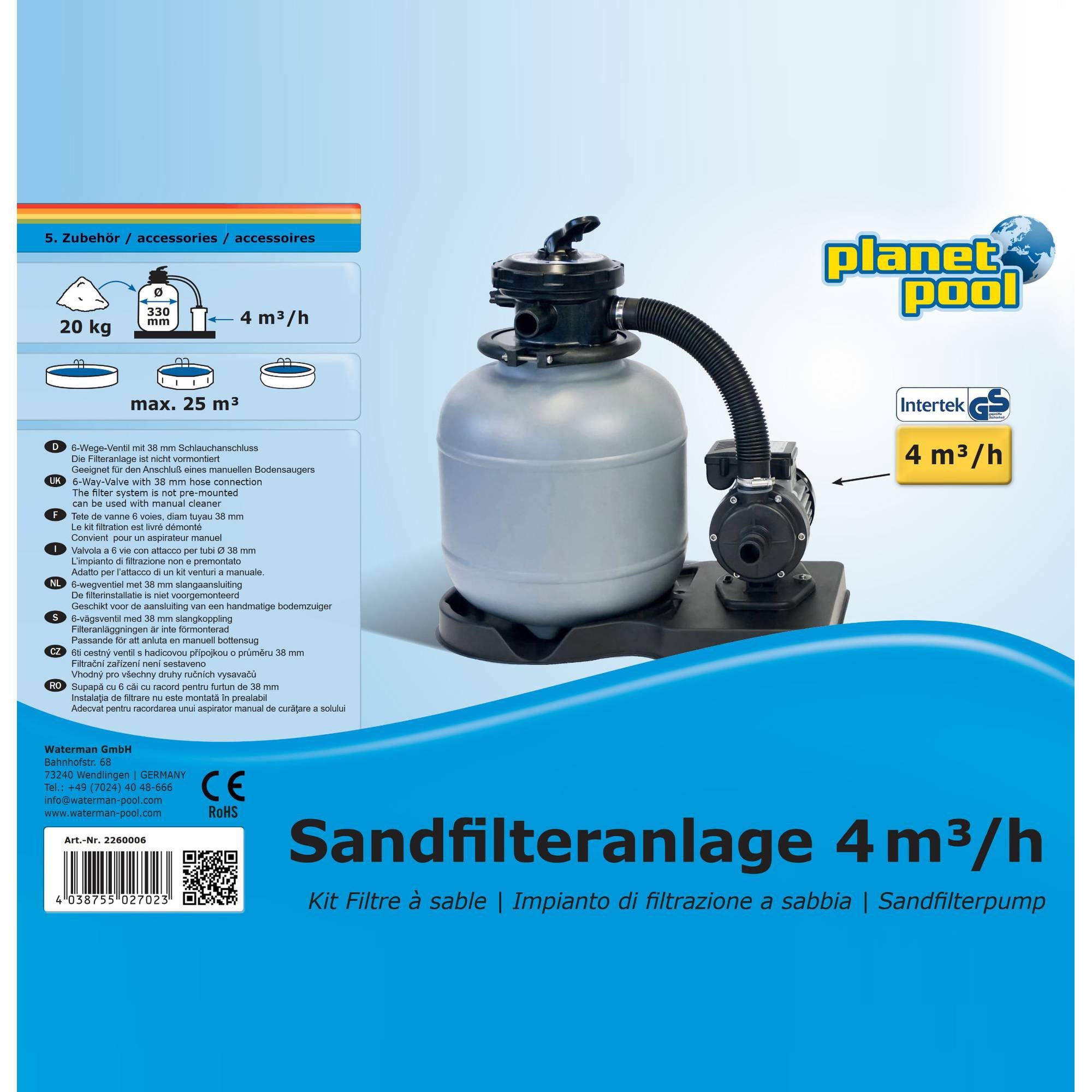 Sandfilteranlage 4 m³/h, 6-Wege-Ventil / SF 124